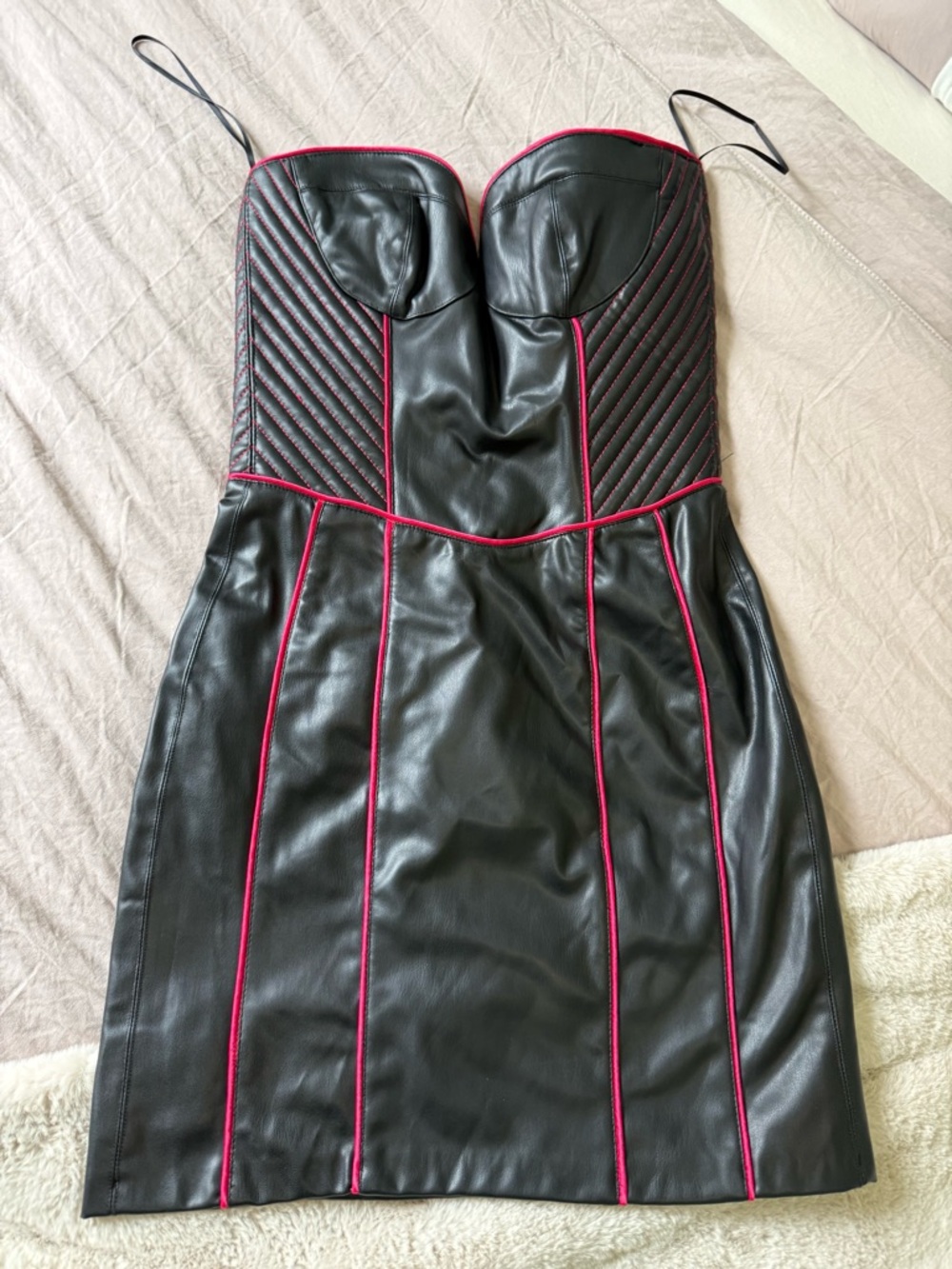 Zara Black Faux Leather Strapless Mini Dress with Pink Piping